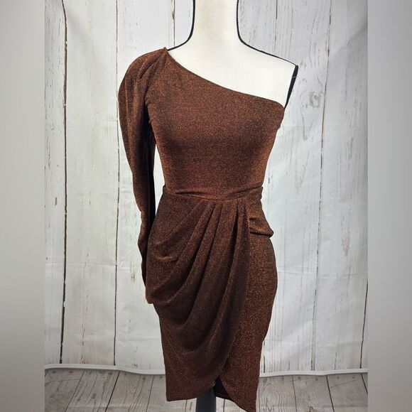 One Shoulder Gigot Sleeve Wrap Glitter Dress - Picture 2 of 6